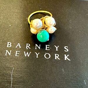 Kazuko Oshima Vintage Barneys New York Gold Ring with Green Gem and Pearls